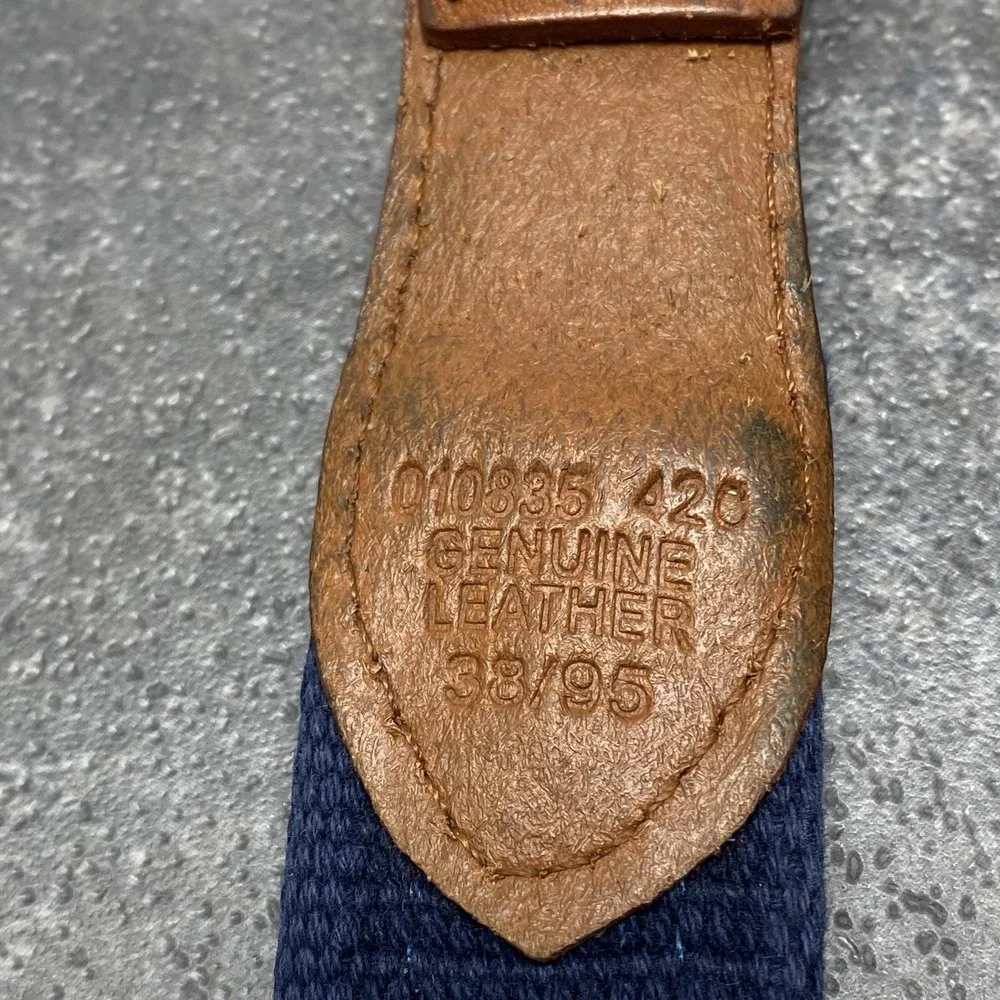 Flying Duck Medallion Golf Belt Men's 38 Waist Tan Leather & Blue Woven Fabric